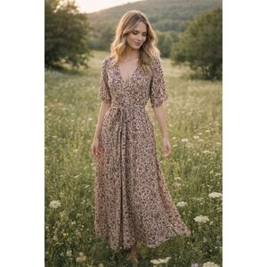 Little Cottonwood New Womens Astrid Floral Linen Wrap Midi Dress Large NWT